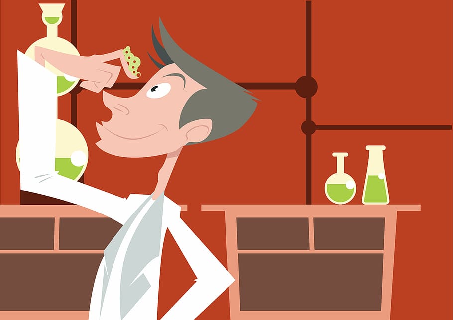 illustration, man, wearing, white, coat, green, slime, index finger, inside, laboratory