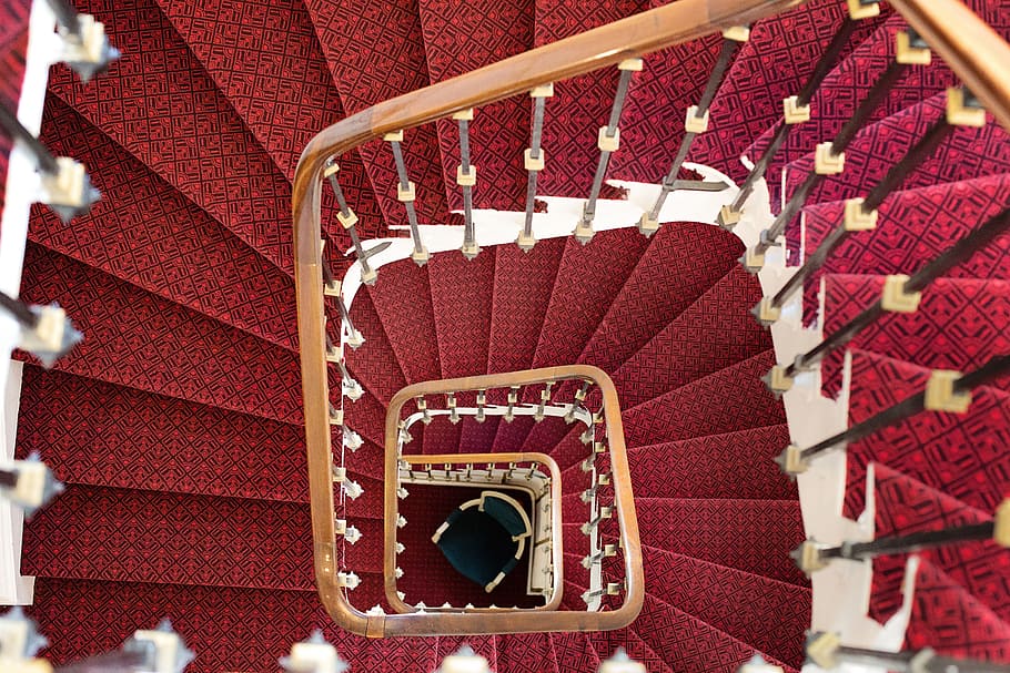 red, brown, stairs, winding staircase, winding steps, staircase, winding, steps, spiral, stairway