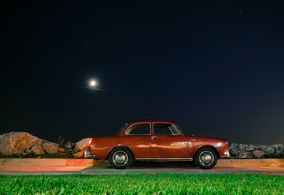 brown, coupe, parked, gray, pavement, night, car, vehicle, transportation, old