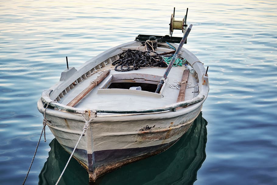 Blanco, lancha motora, cuerpo, agua, barco, mar, pesca, jónico, Grecia, azul