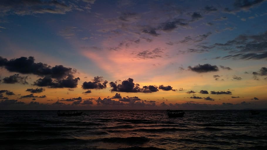 Cambodia, Asia, Sihanoukville, Sea, beach, clouds, ship, sunset, afterglow, nature