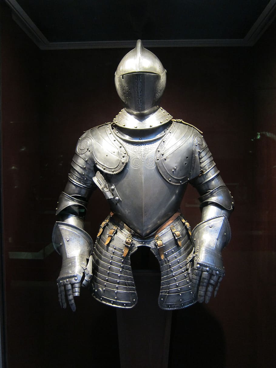 foto cuirass, baju besi, abad ke-16, perang, peralatan, ksatria, helm, museum, pertempuran, historis