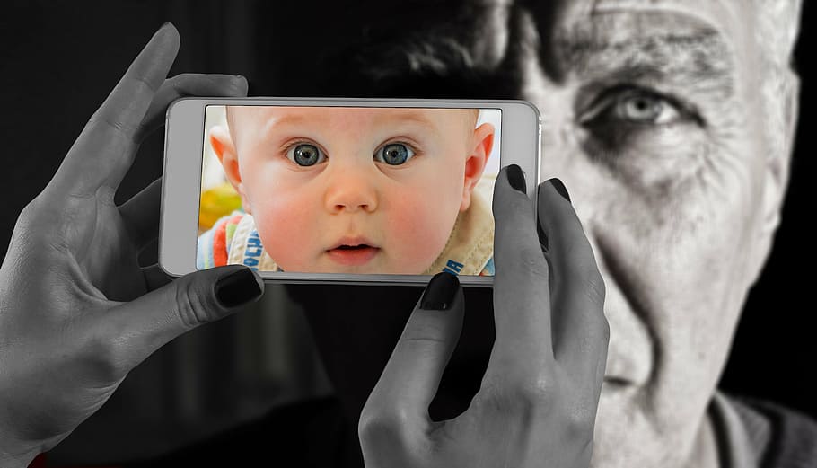 selective, color photo, baby, beige, top, smartphone, face, man, old, young