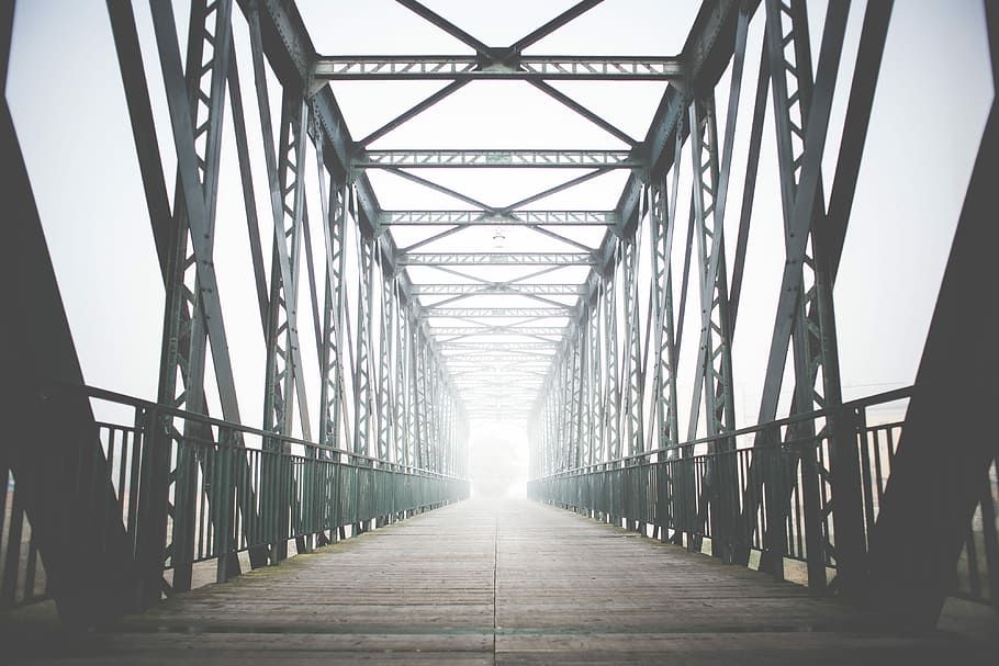 niebla, verde, viejo, puente de acero, en la niebla, puente, brumoso, mañana, acero, puente - Estructura hecha por el hombre