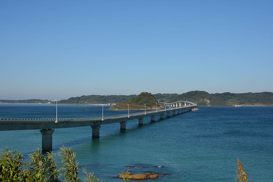 Japão, Yamaguchi, Tsunoshima, Ilha, Mar, ilha de tsunoshima, ponte, céu, costa, azul