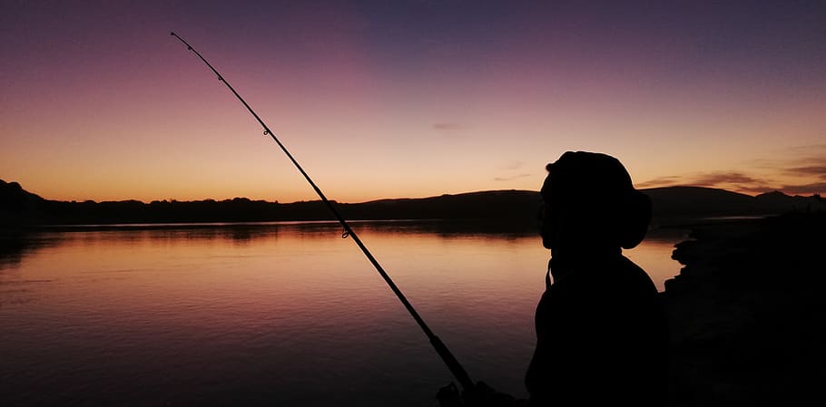 fishing, rod, silhouette, man, fisherman, dusk, colorful sky, lake, water, river
