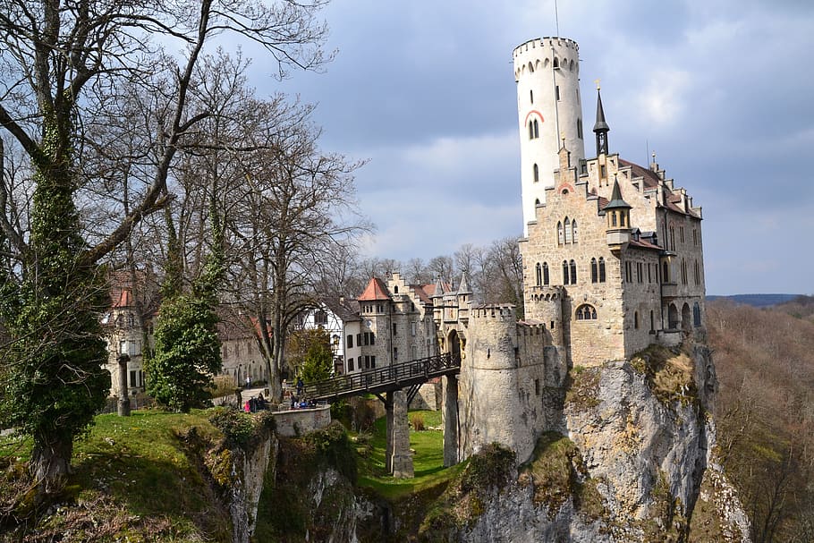 gray, concrete, cathedral, cliff, germany, history, architecture, medieval, lichtenstein castle, built structure