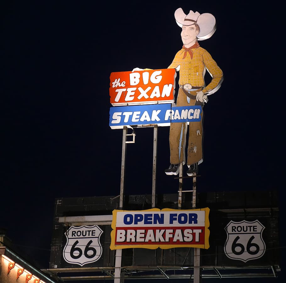 photography, big, texan signage, nighttime, texan, route 66, steak, ranch, amarillo, texas