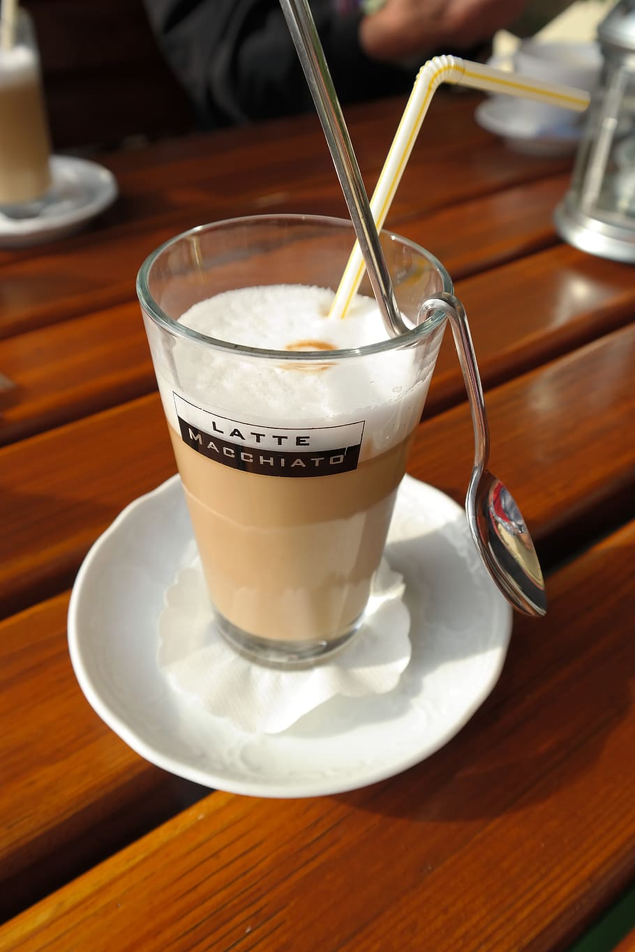 coffee, latte macchiato, milchschaum, warm, delicious, caffeine, straw, tube, spoon, bent