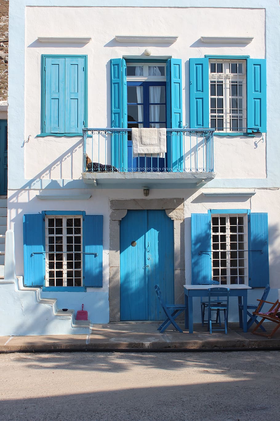 architecture, house, window, facade, building, balcony, door, old, blue, greece