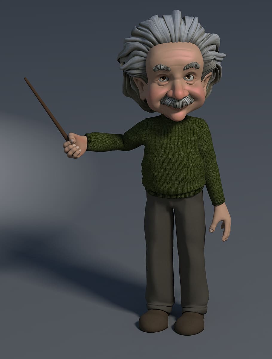 aniamted albert einstein, professor, 3d figure, pointing at, showing, indicate, mentor, lecture, childhood, studio shot
