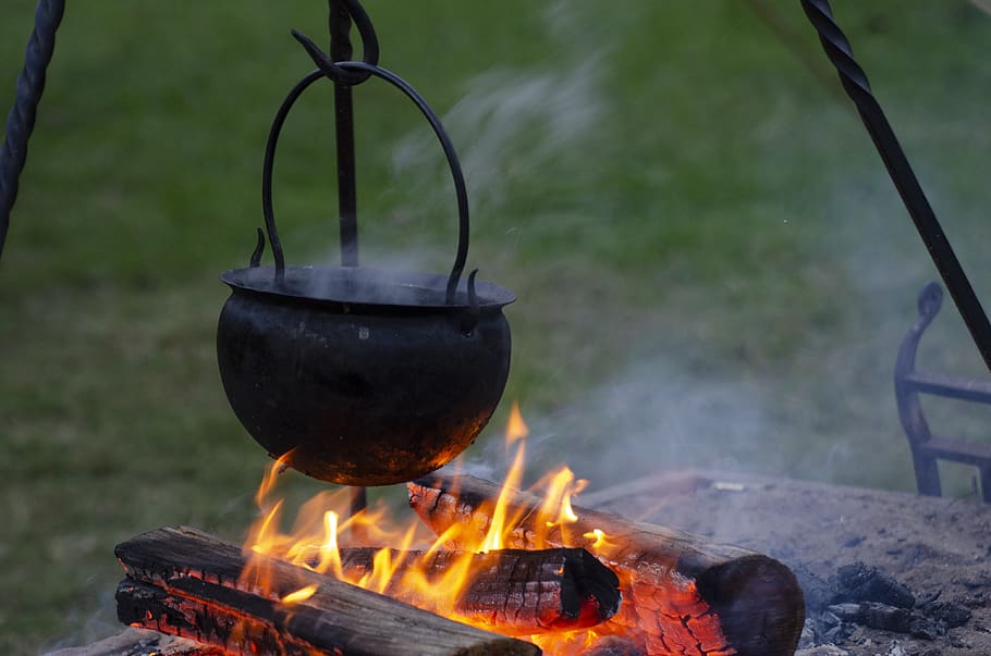 fire, pot, historical, reenactment, cauldron, flame, cook, hot, witch, stew