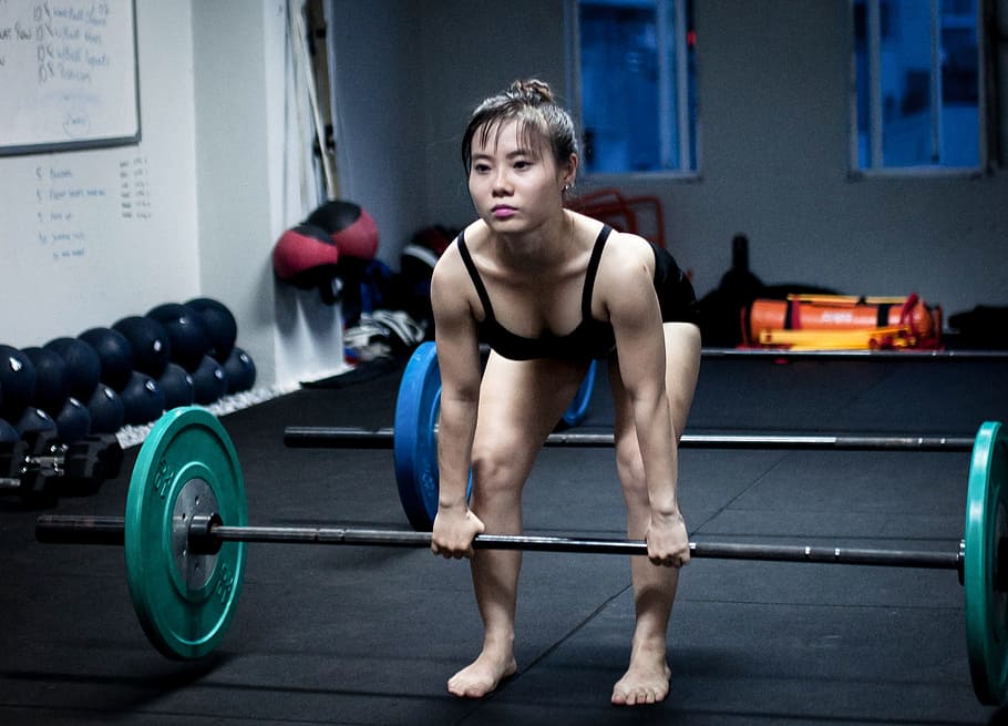 woman, holding, green, black, barbel rod, Deadlift, Dead Lift, weightlifting, lifting, training