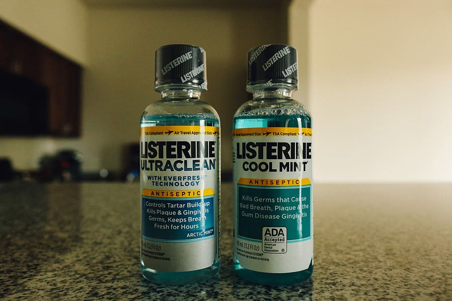 two, listerine mouthwash bottles, Mouthwash, Antiseptic, Mouth, Clean, fresh, wash, healthcare, tooth