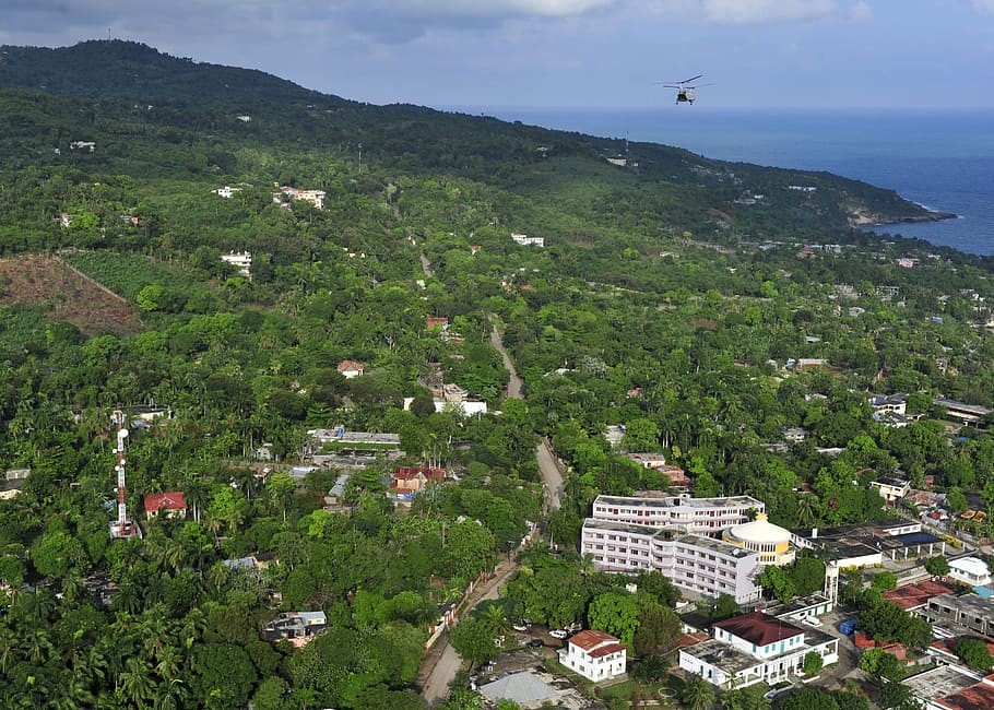 helicopter, flew, trees, port-au-prince, haiti, landscape, mountains, forest, woods, sea