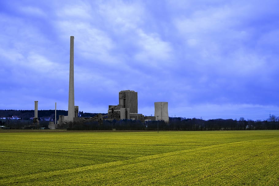 grass field, buildings, distance, power plant, coal fired power plant, energy, industry, electricity, technology, power supply