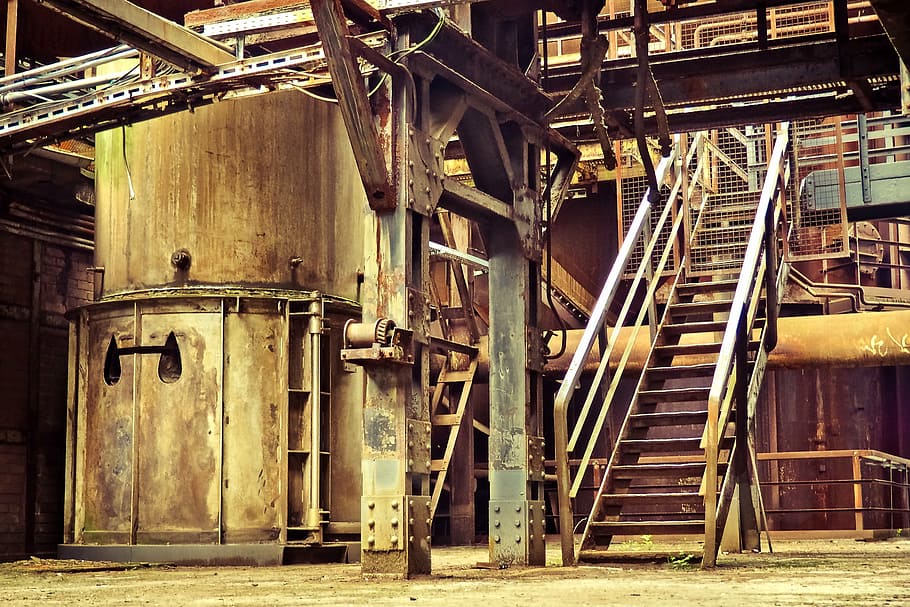 gray, steel stair, architecture, steel mill, factory building, old, factory, industry, industrial architecture, leave
