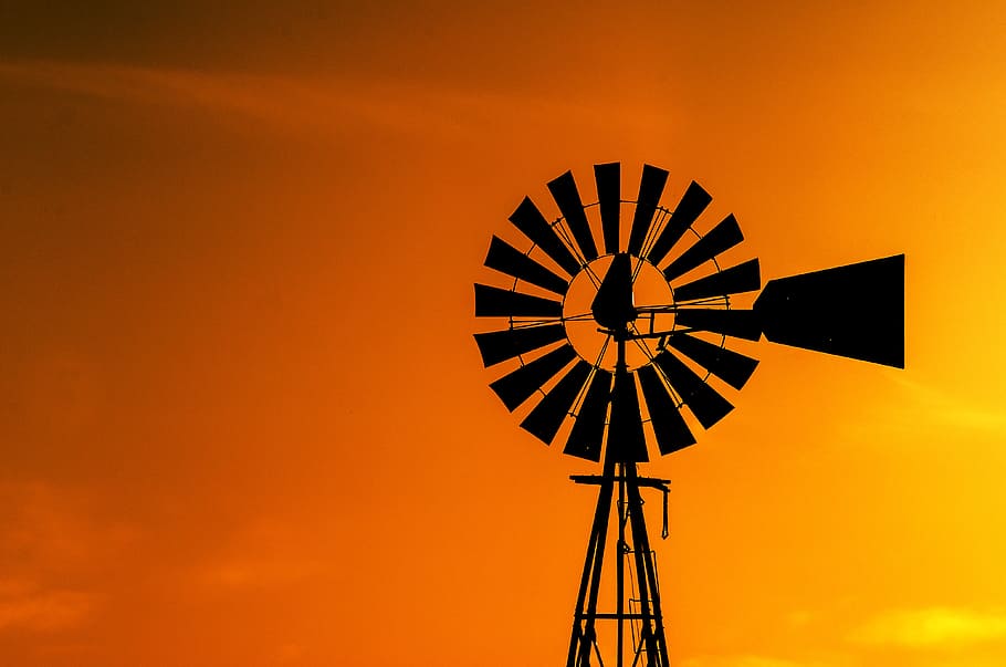 black, windmill, dawn, orange sky, silhouette, sky, orange, nature, farm, rural