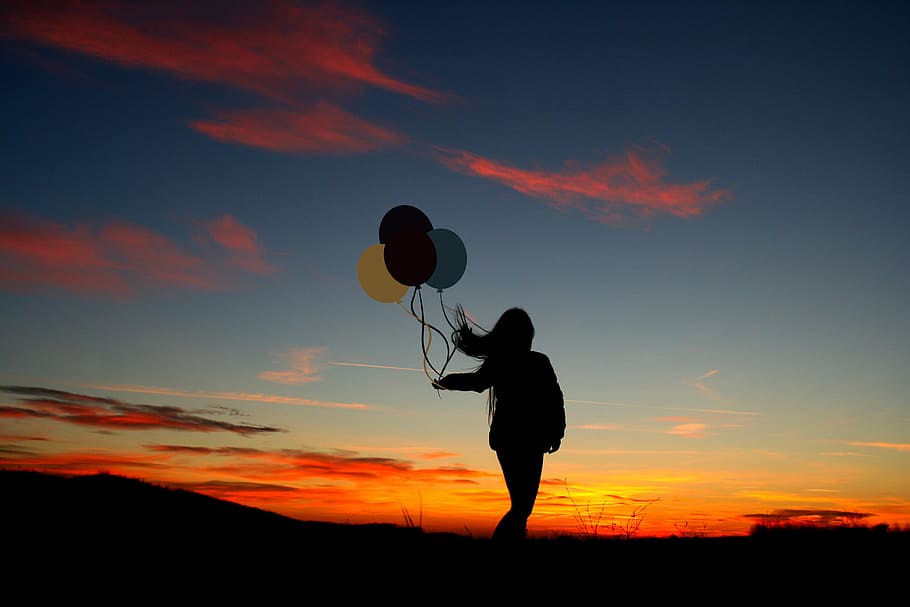 silhouette photo, woman, holding, balloons, silhouette, sunset, girl, balloon, shadow, butterfly