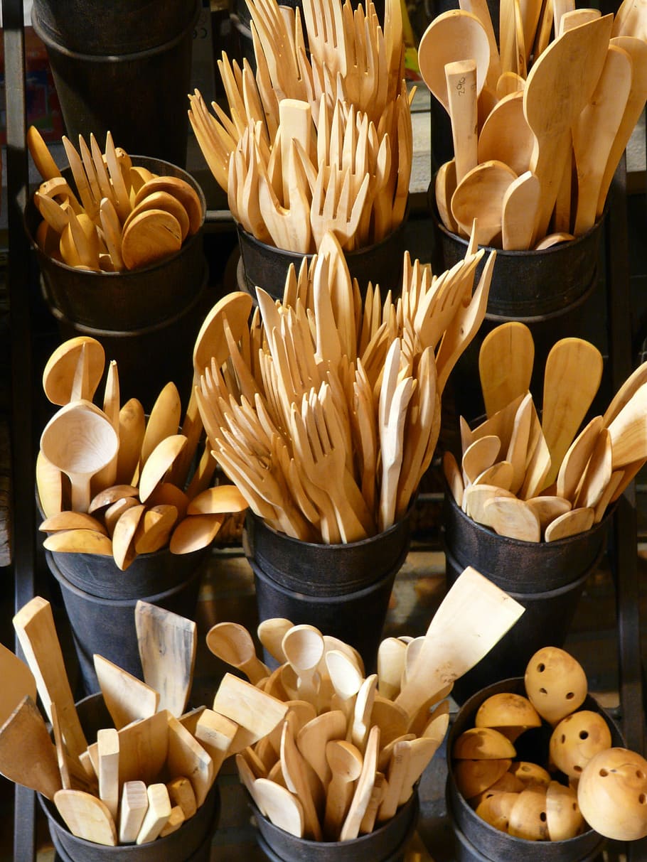 Cutlery, Wood, Knife, wooden cutlery, fork, spoon, kitchen cutlery, kitchen, scraper, wooden fork