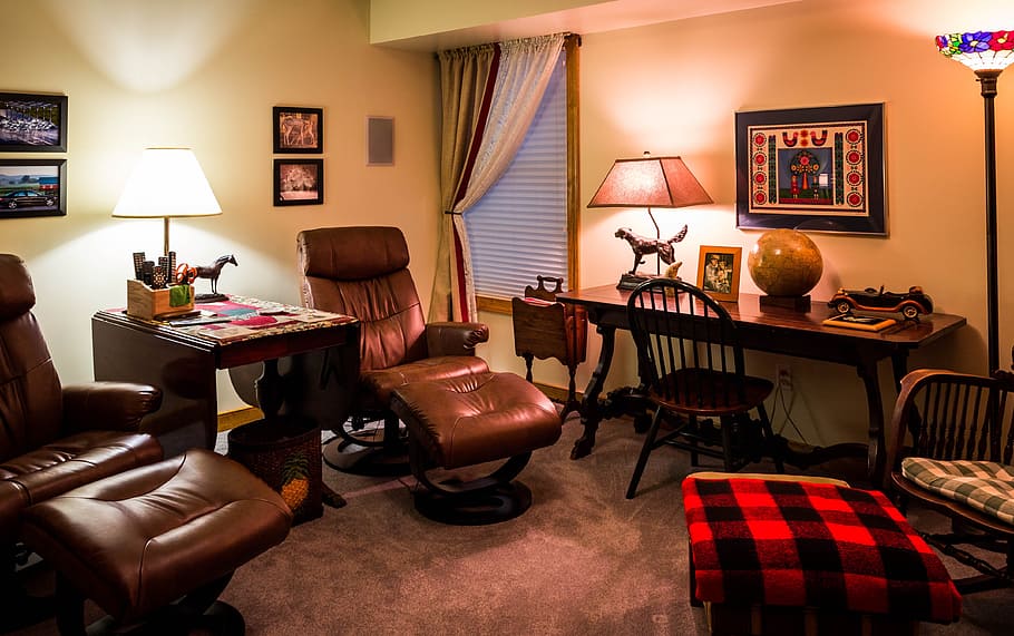brown, leather recliner, wooden, table, media room, tv room, chairs, library table, furniture, living room