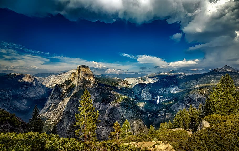 landscape photo, mountain range, lush, forest, yosemite, national park, landscape, california, mountains, vista