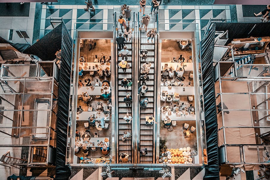 foto de alto ângulo, pessoas, montando, escada rolante, arquitetura, construção, estrutura, aérea, vista, restaurante