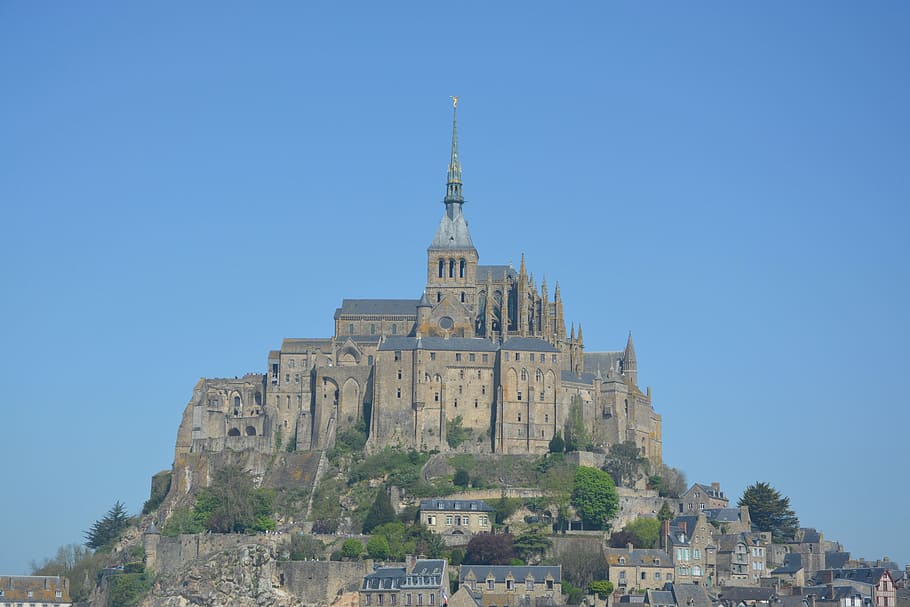 Mont Saint Michel, La Mancha Normandía, Normandía Francia, sitio turístico, vacaciones, mar, marea baja, Normandía, isla rocosa, abadía