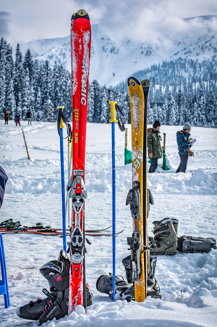 esqui, botas de esqui, equipamento, esporte, inverno, neve, branco, férias, sol, natureza