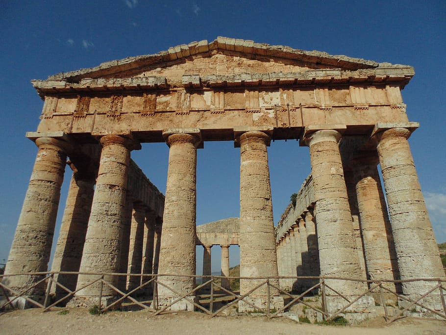 temple, magna grecia, columns, sky, sicily, history, colonnade, blue sky, capitello, remains