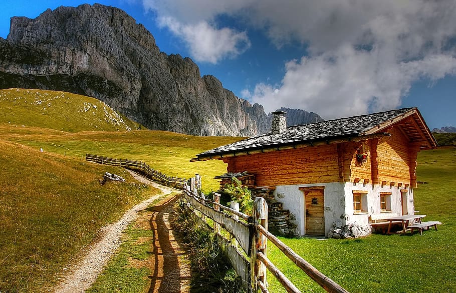 brown, wooden, house, mountain, cloudy, sky, Dolomites, Val Gardena, Nature, landscape