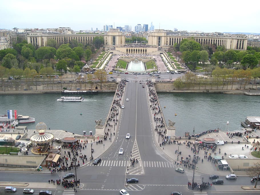 paris, france, bridge, river, water, urban, ships, boats, people, city