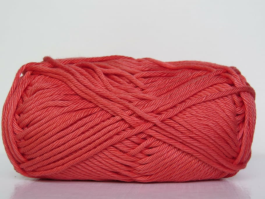 red, yarn roll, placed, white, surface, cat's cradle, wool, knit, crochet, cotton
