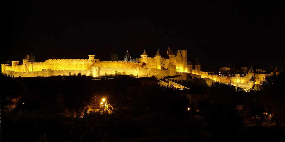 Castelo, Edifício, Arquitetura, construção, Carcassonne, cidade da guarnição, iluminação, noite, fortaleza, parede