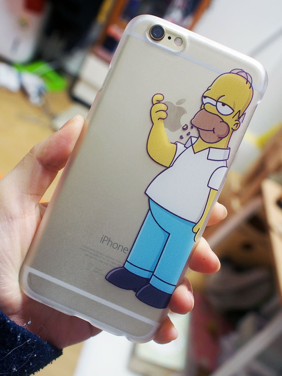 gold iphone 6, plus, clear, hommer simpson-printed case, iphone, the iphone 6, simpson, mobile, gadget, human hand
