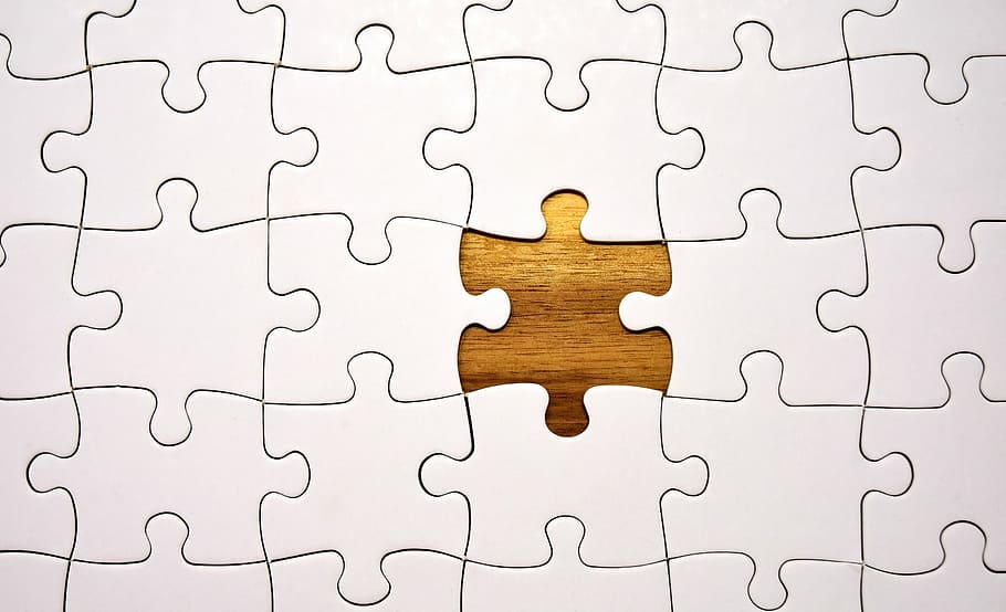 jigsaw puzzle, one, piece, missing, top, wooden, surface, puzzle, last part, joining together