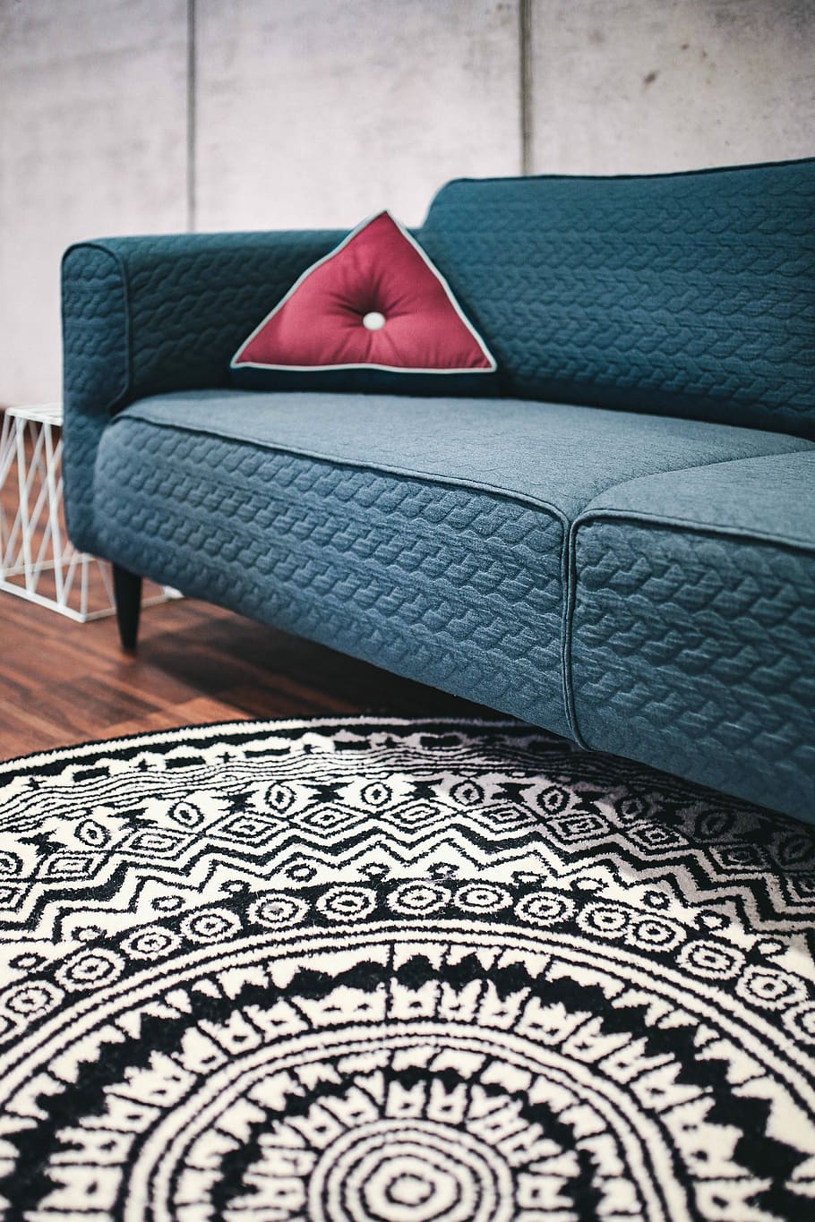 azul, sofá, almofadas, designer, vida, quarto, interior, decoração, tapete, design