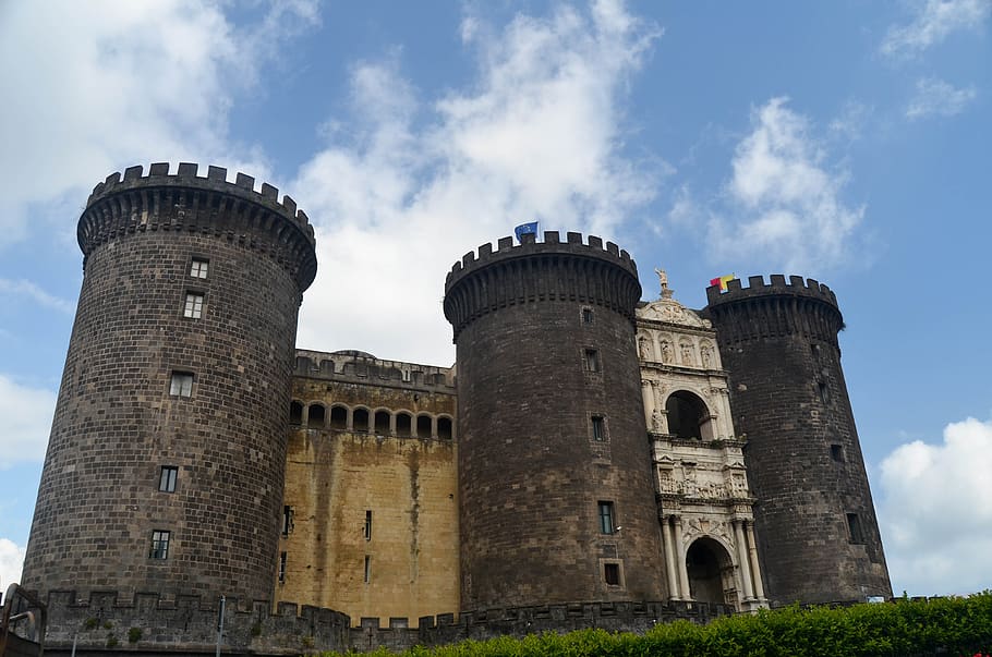 naples, italy, castle, medieval, tower, sky, architecture, built structure, building exterior, history