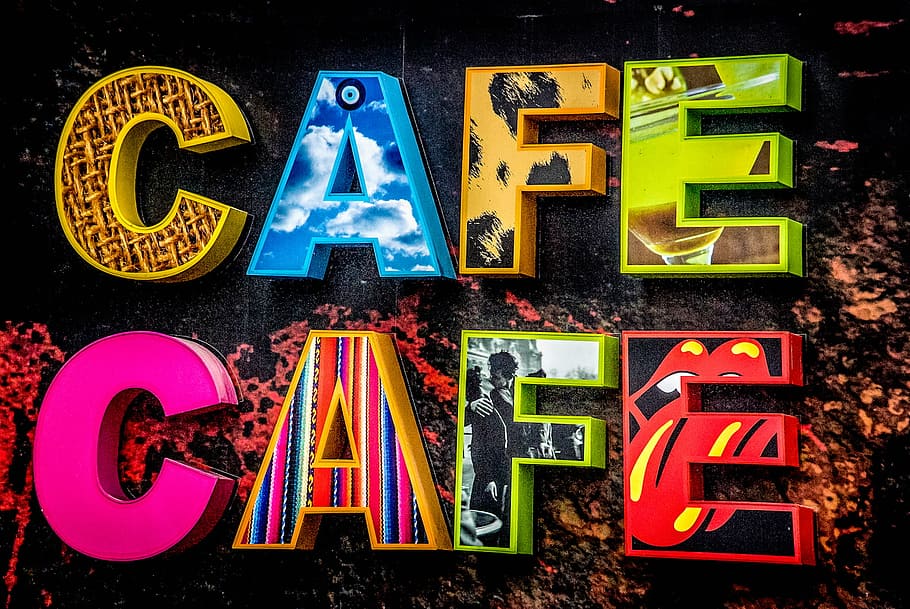 two, multicolored, cafe text posters, cafe, art, letterings, d, 3D, cardboard, letters