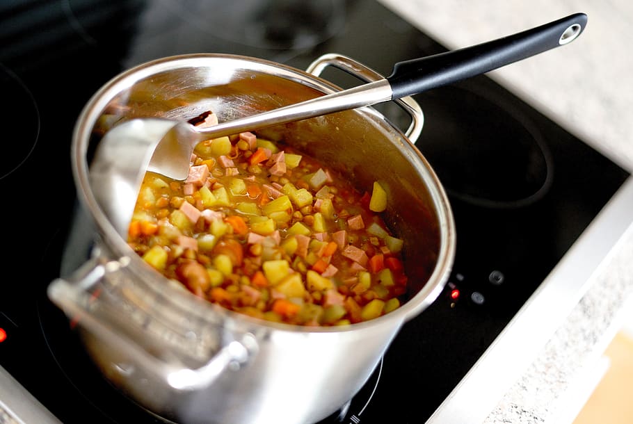 soup, soup pot, soup spoon, eat, lunch, cook, stove, kitchen, potato soup, lentil soup