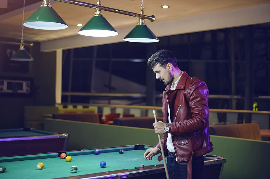 man, holds, cue, stick, green, billiard table, guy playing billiard, pool table, men, arcade games