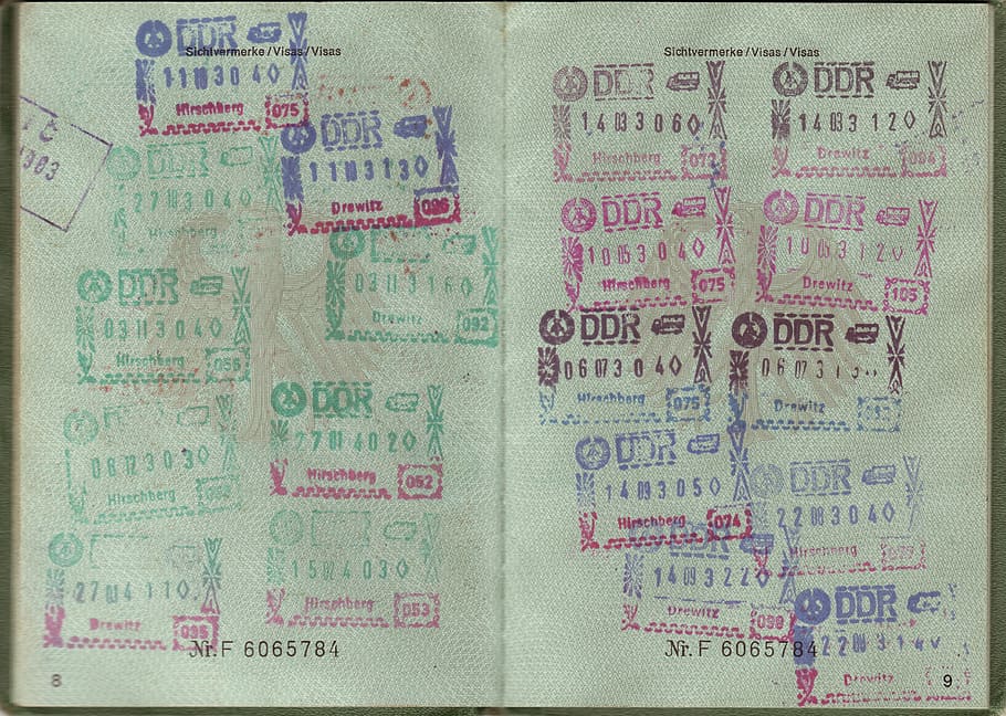 assorted-color stamp collection, passport, transit, visa, ddr, federal republic of, germany, document, old paper, retro