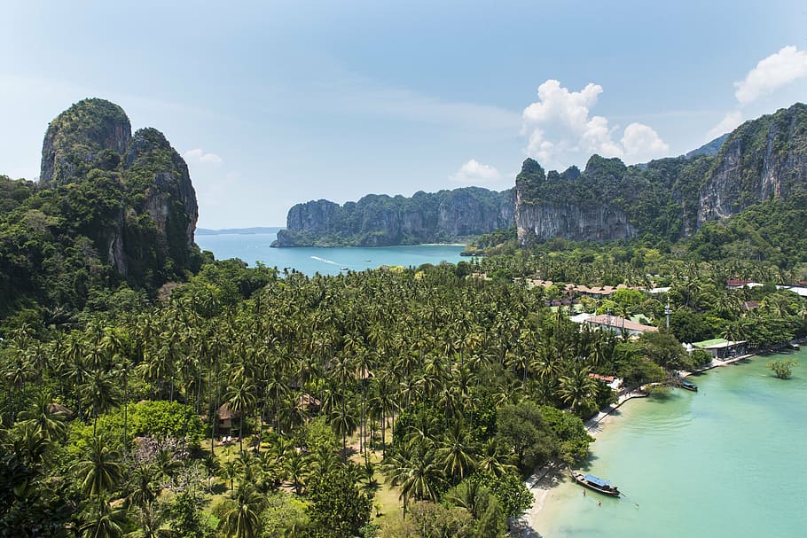 aerial, view, green, trees, railay bay, krabi thailand, thai, thailand, travel, beach