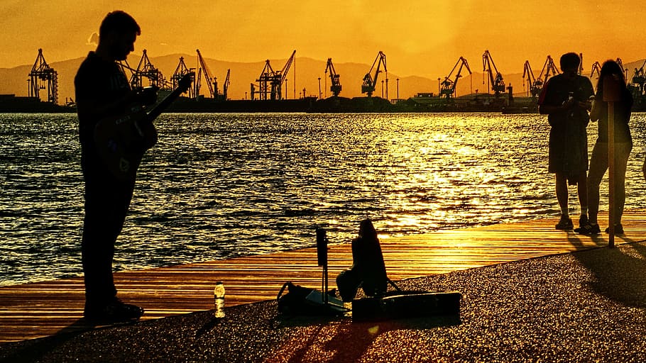 the piper, guitar, the promenade, music, port, thessaloniki, evening, water, silhouette, nature