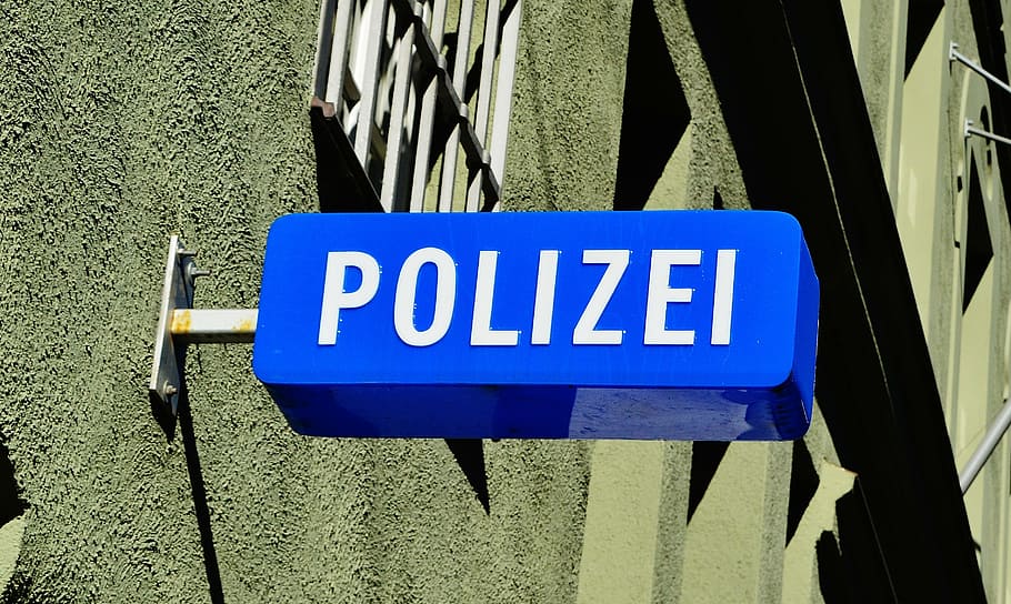 polizei signage, police, police station, shield, police directorate, munich, sign, communication, blue, text