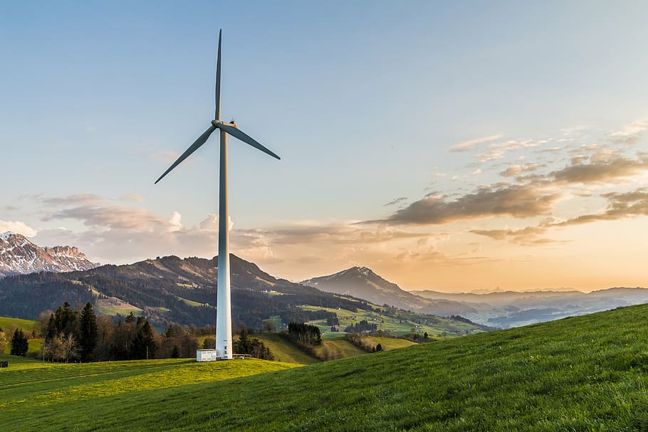 white, windmill, green, hills, daytime, wind turbine, wind energy, environmentally friendly, energy, power generation