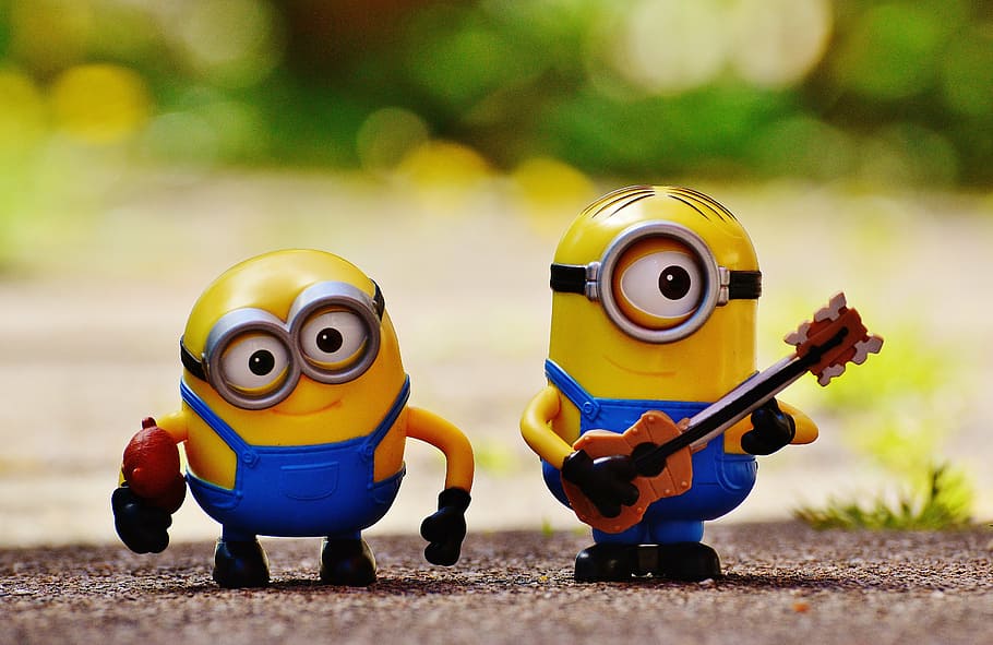 two, minions, playing, instruments toy, music, guitar, teddy, funny, cute, musical