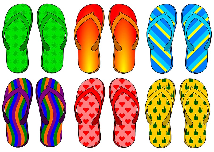 six, pairs, multicolored, flip-flops illustration, flip-flops, illustration, flip, flop, shoes, foot