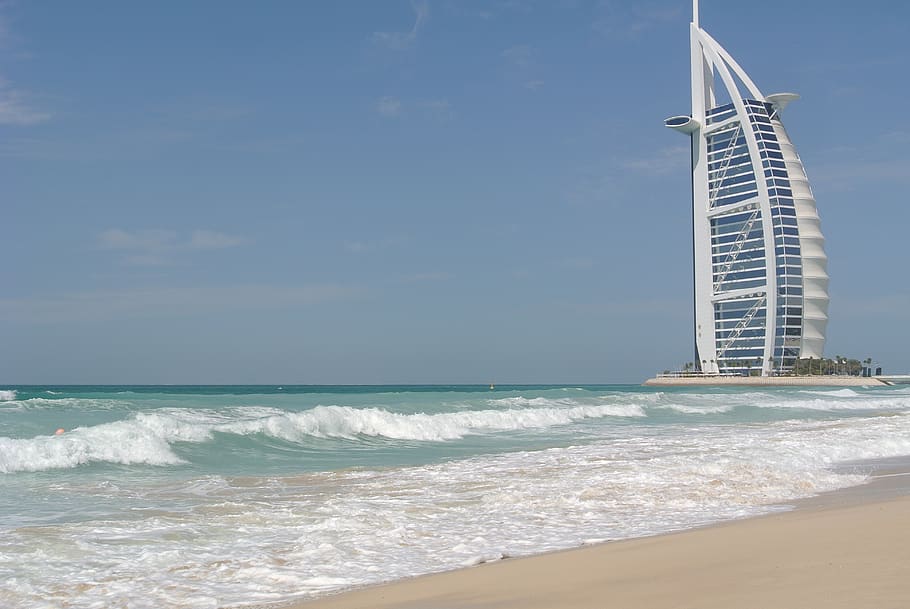 dubai, vela, Emirados Árabes Unidos, hotel, construção, praia, lona, ​​jumeirah, mar, céu