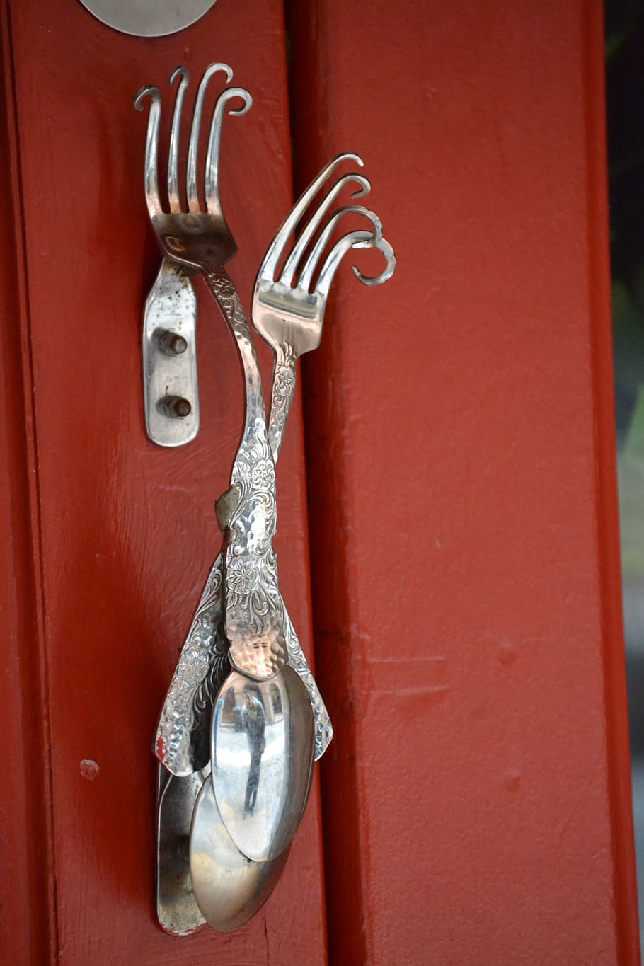 decoration, forks, unusual, metal, close-up, entrance, door, wood - material, red, silver colored